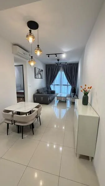 Living features: white painted walls, glossy tile flooring, 5-blade ceiling fan with light, recessed LED downlights, sofa in grey fabric, coffee table, TV console, floor-to-ceiling windows with sheer curtains, decorative vase with flowers, wall-mounted artwork; style: modern; view: city. Dining features: 4-seater dining table, upholstered dining chairs, white sideboard; style: modern.