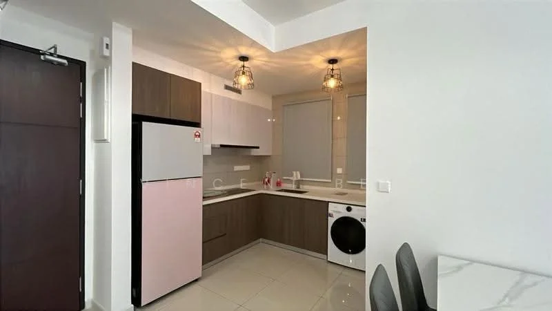 Kitchen features: white upper cabinets, brown lower cabinets, pink fridge, built-in oven, stainless-steel sink, chrome pull-down faucet, ceramic tile backsplash, washing machine, recessed downlights, pendant lights, grey countertop, white walls, floor tiles, window with blinds; style: modern.