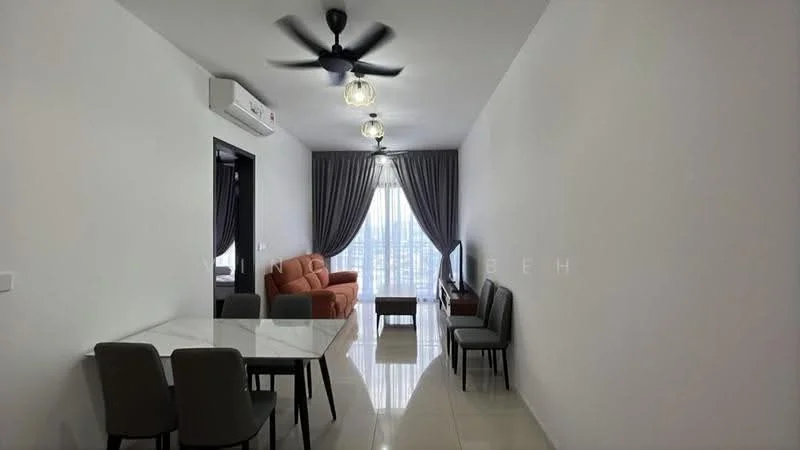Living features: 3-blade ceiling fan, 2-seater fabric sofa in orange, coffee table, TV console, wall-mounted TV, floor-to-ceiling windows, grey curtains, white painted walls, glossy tile flooring, recessed downlights, dining table with 4 chairs; style: modern; view: city.