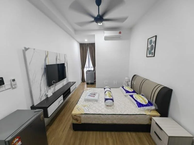 Bedroom features: queen-size bed, upholstered headboard, bedside table, wall-mounted TV, TV console, refrigerator, ceiling fan, curtains, wooden flooring, white painted walls, decorative wall art; style: modern.