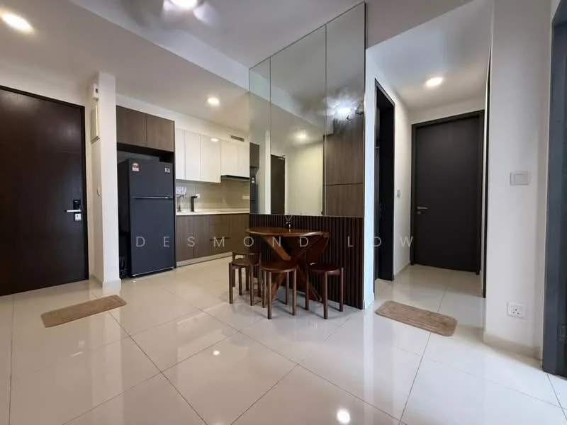 Kitchen features: white cabinetry, grey countertops, stainless-steel fridge, built-in oven, 4-burner gas hob, single-bowl stainless-steel sink, chrome pull-down faucet, tile backsplash, recessed downlights; style: modern. Dining features: 4-seater dining table, wooden dining chairs, tile flooring, wall-mounted mirror, decorative wall paneling; style: modern. Hallway features: white walls, tile flooring, recessed lighting; style: modern.