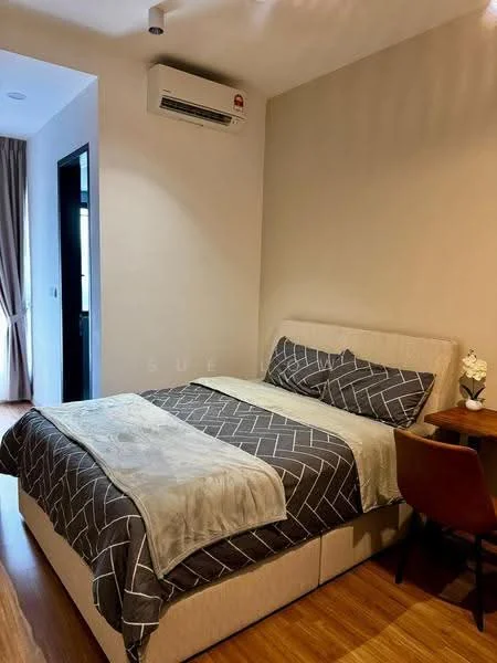 Bedroom features: king-size bed with upholstered headboard, grey bedding with geometric pattern, wooden flooring, 1 wall-mounted split AC, study desk with chair, decorative plant on desk, curtains, light-colored painted walls; style: modern.