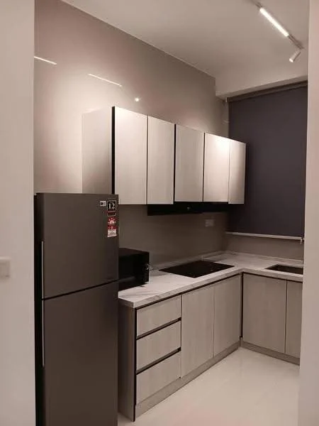 Kitchen features: grey laminate cabinetry, white marble countertop, black induction cooktop, built-in microwave, stainless-steel fridge, single-bowl stainless-steel sink, chrome pull-down faucet, white tiled backsplash, recessed LED downlights, white walls, sliding window with dark blinds; style: modern.