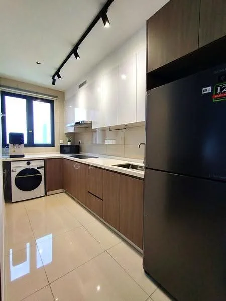 Kitchen features: white upper cabinets, brown lower cabinets, stainless-steel sink, chrome pull-down faucet, built-in oven, freestanding range oven, stainless-steel fridge, front-load washing machine, ceramic tile flooring, recessed downlights, window with black frame, countertop with backsplash; style: modern.