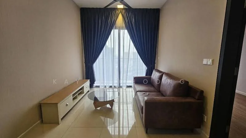 Living features: brown leather sofa, glass coffee table, TV console, floor-to-ceiling windows, sheer curtains, dark blue drapes, cream painted walls, glossy tile flooring, recessed downlights; style: modern; view: city.