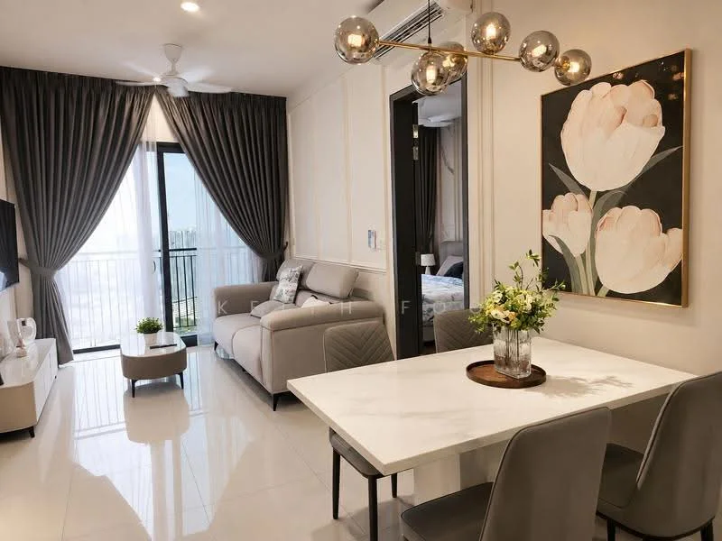 Living features: 3-seater fabric sofa in light grey, coffee table with round top, floor-to-ceiling windows, sliding glass door, curtains in dark grey, wall-mounted TV, decorative wall art with floral design, recessed downlights, white tiled flooring, ceiling fan, decorative vase with flowers; style: modern; view: city. Dining features: marble-top dining table, 4 upholstered dining chairs in grey, decorative tray on table, wall-mounted mirror, light fixture with multiple bulbs; style: modern.