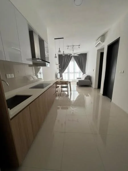 Kitchen features: white cabinetry, wooden cabinetry, black countertop, stainless-steel sink, chrome pull-down faucet, built-in oven, stainless-steel range hood, 4-burner gas hob, recessed downlights, tile flooring, floor-to-ceiling windows, grey curtains, dining table for two, chair, open layout to living area; style: modern; view: city. Living features: sofa, coffee table, recessed downlights, air conditioning unit, floor-to-ceiling windows, grey curtains; style: modern; view: city.