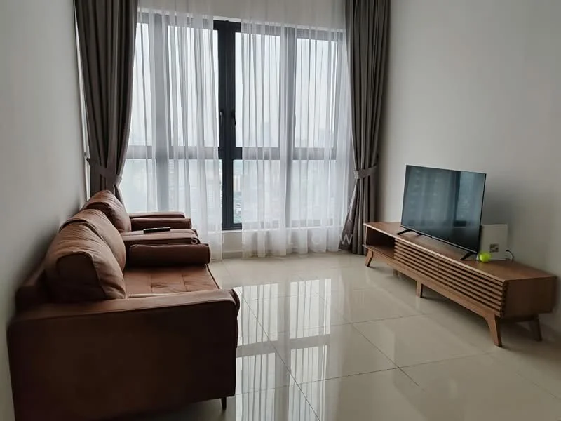 Living features: 3-seater fabric sofa in brown, wooden TV console, wall-mounted TV, floor-to-ceiling windows, sheer curtains, glossy tile flooring, decorative plant on console, light-colored walls, recessed lighting; style: modern; view: city.
