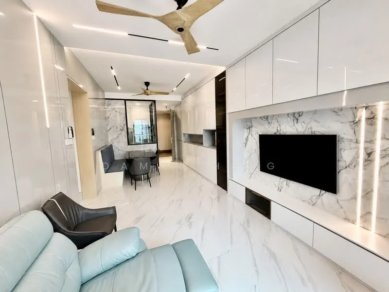 Living features: light grey leather sofa, marble flooring, white painted walls, built-in cabinetry with glossy finish, wall-mounted TV, ceiling fan with wooden blades, recessed LED lighting, large window with city view, marble feature wall, glass dining table, black dining chairs; style: modern; view: city.