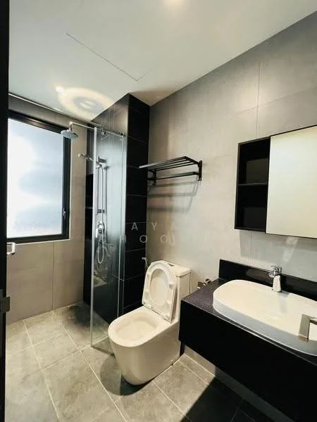 Bathroom features: grey tile flooring, grey wall tiles, walk-in shower with glass enclosure, rain shower head, handheld shower, single-sink vanity with black countertop, white basin, one-piece toilet, black wall-mounted towel rack, built-in shelving, window for natural light, recessed downlights; style: modern.