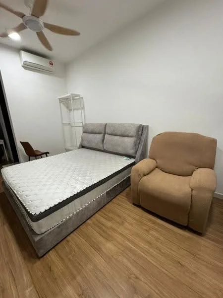 Bedroom features: queen-size bed with grey upholstered headboard, beige recliner chair, wooden flooring, white painted walls, 1 wall-mounted split AC, open shelving unit, decorative throw pillows on bed, bedside table; style: modern.