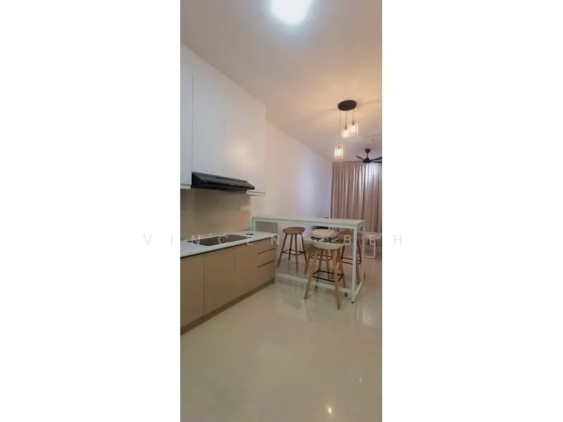 Kitchen features: white cabinetry, laminate countertop, stainless-steel sink, chrome pull-down faucet, built-in stove, exhaust hood, bar stools, pendant lighting, recessed downlights, cream painted walls, polished tile flooring, ceiling fan; style: modern.