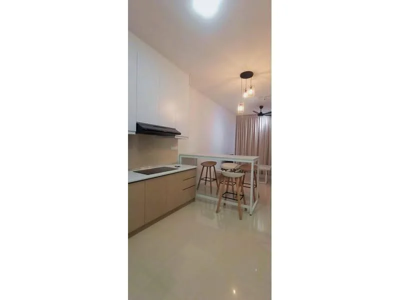 Kitchen features: white cabinetry, light wood lower cabinets, stainless-steel range hood, built-in cooktop, white countertop, bar stools, pendant lighting, recessed ceiling lights, glossy tile flooring, open layout, ceiling fan; style: modern.