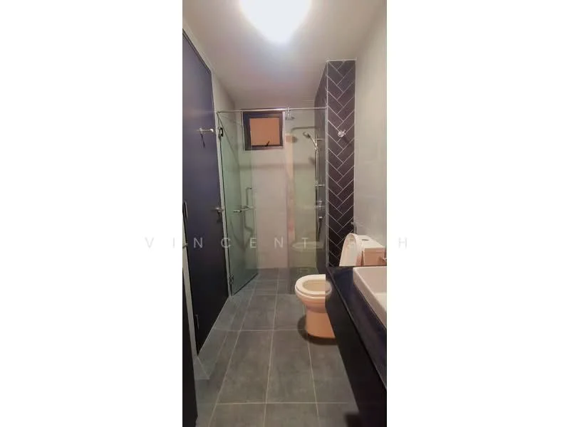 Bathroom features: glass shower enclosure, rain shower head, handheld shower, white toilet, single-sink vanity with dark cabinetry, mirror above vanity, grey tile flooring, grey wall tiles, dark accent wall, recessed lighting; style: modern.