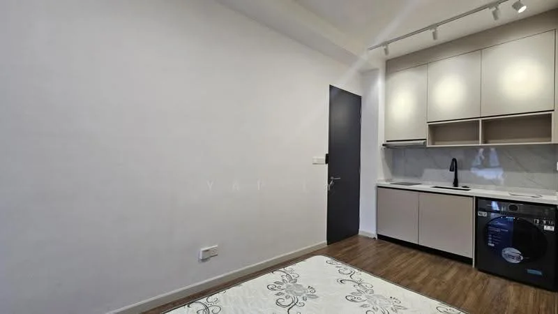 Kitchen features: white painted walls, laminate flooring, recessed downlights, single-bowl stainless-steel sink, matte-black gooseneck faucet, white cabinetry with flat-panel doors, built-in oven, stainless-steel washing machine, grey marble backsplash, countertop with integrated sink, kitchen appliances visible; style: modern.