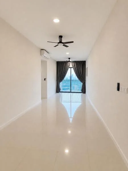 Room features: white painted walls, glossy ceramic tile flooring, 5-blade ceiling fan with light, floor-to-ceiling windows, sliding glass door, sheer curtains, recessed LED downlights, air conditioning unit; style: modern; view: city.