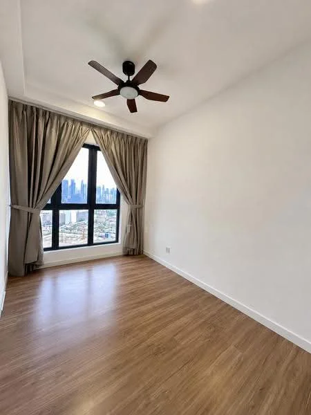 Bedroom features: wooden flooring, white painted walls, 5-blade ceiling fan with light, floor-to-ceiling windows, curtains, city skyline view; style: modern; view: city.