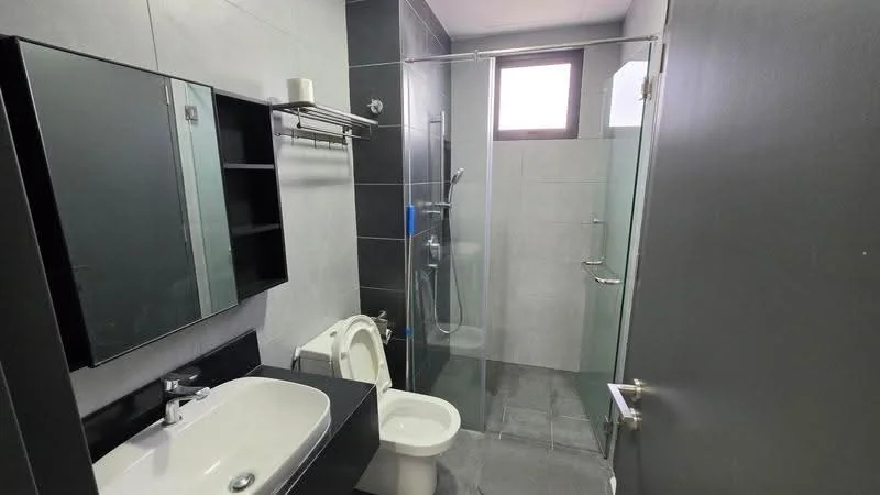 Bathroom features: grey ceramic tile flooring, white painted walls, glass shower enclosure, rain shower head, handheld shower, single-sink vanity with black cabinet, chrome basin mixer, framed mirror, one-piece toilet, towel rack, window for natural light; style: modern.
