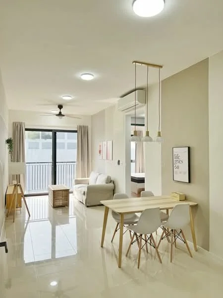 Living features: 3-seater fabric sofa in light grey, wooden coffee table, dining table with 4 white chairs, ceiling fan with light, recessed LED downlights, floor-to-ceiling windows, sheer curtains, white painted walls, glossy tile flooring, air conditioning unit, decorative wall art; style: modern; view: city.