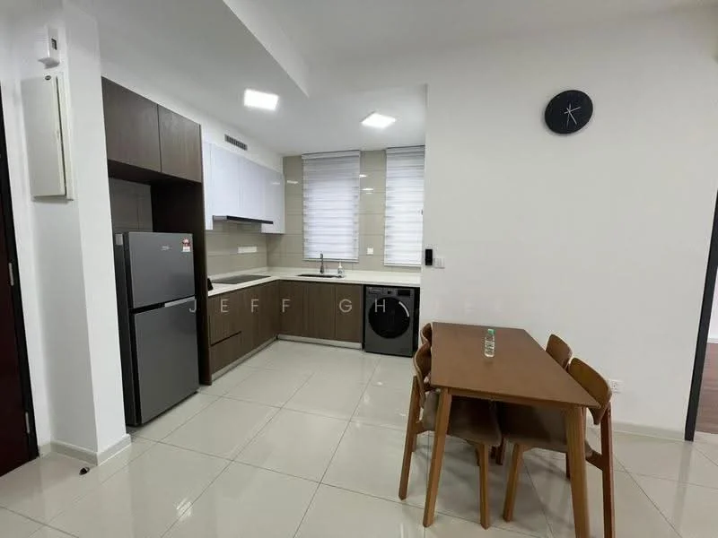 Kitchen features: white painted walls, cream tiled flooring, flat-panel brown cabinets, white countertop, stainless-steel fridge, built-in washing machine, single-bowl stainless-steel sink, chrome pull-down faucet, window with roller blinds, recessed LED downlights, dining table with four wooden chairs, wall clock; style: modern.