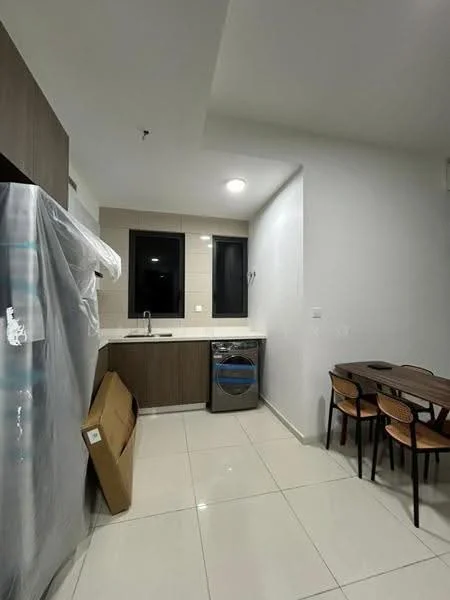 Kitchen features: white painted walls, grey cabinetry, marble countertop, single-bowl stainless-steel sink, chrome pull-down faucet, built-in washing machine, tile flooring, recessed ceiling lights, black framed windows, dining table with chairs; style: modern.