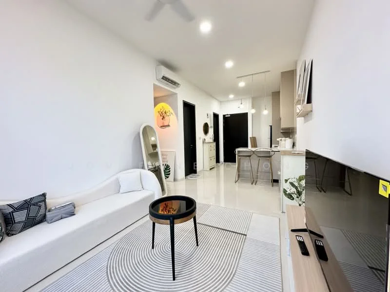 Living features: white painted walls, polished tile flooring, 5-blade ceiling fan with light, sofa with white upholstery, black round coffee table, area rug with circular pattern, wall-mounted TV, decorative wall art, side table, dining area visible in background, open layout, natural light from windows; style: modern.