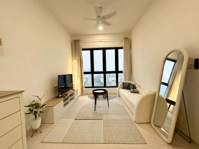 Living features: white painted walls, light-colored flooring, 5-blade ceiling fan with light, floor-to-ceiling windows, sheer curtains, TV console, wall-mounted TV, sofa in white fabric, round coffee table, decorative mirror, area rug with geometric pattern, potted plant; style: modern; view: city.