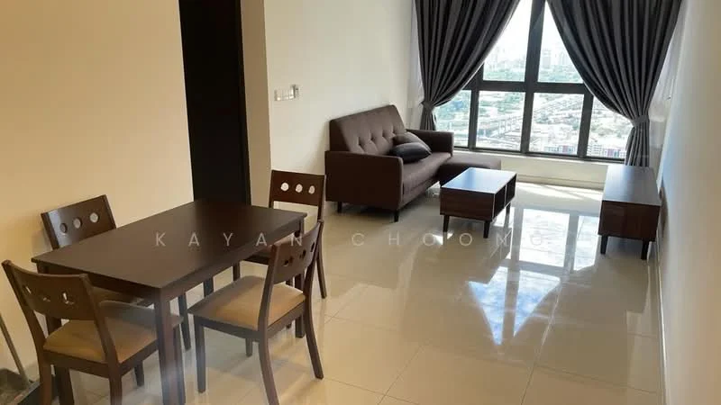Living features: 3-seater fabric sofa in brown, 2 coffee tables, 4-seater dining table with wooden chairs, floor-to-ceiling windows, grey curtains, glossy tile flooring, neutral painted walls, city view; style: modern; view: city.