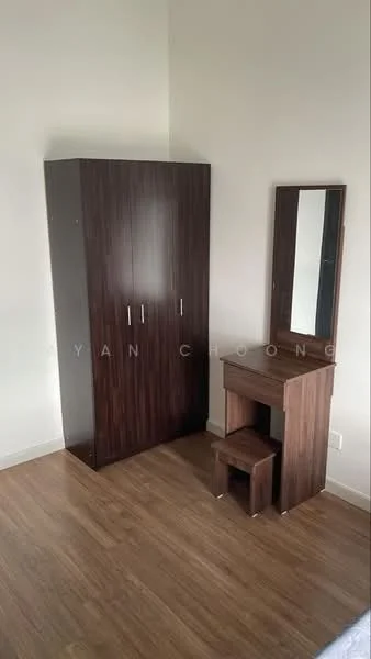 Bedroom features: dark wood wardrobe with sliding doors, wooden dressing table with mirror, small stool, laminate flooring, white painted walls, natural light from window, minimalist decor; style: modern.