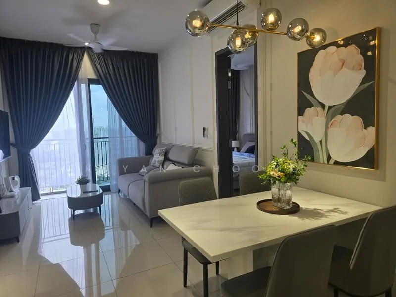 Living features: 3-seater fabric sofa in grey, coffee table, wall-mounted TV, floor-to-ceiling windows, sheer curtains, 5-blade ceiling fan with light, decorative wall art with floral design, marble tile flooring, recessed downlights, area rug, potted plant, dining table with 4 chairs; style: modern; view: city.