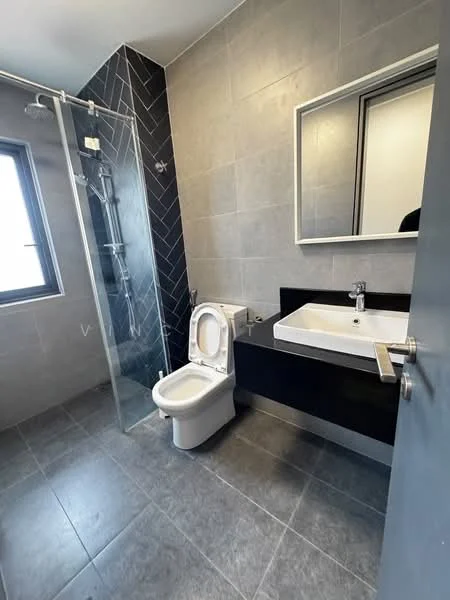Bathroom features: grey tile flooring, grey wall tiles, glass shower enclosure, rain shower head, handheld shower, single-sink vanity with black cabinet, chrome basin mixer, framed mirror, one-piece toilet, window, black accent wall; style: modern.