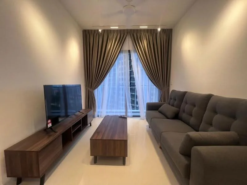 Living features: grey fabric 3-seater sofa, wooden coffee table, wooden TV console, wall-mounted flat-screen TV, floor-to-ceiling windows, sheer curtains, dark brown curtains, recessed downlights, white painted walls, polished tile flooring, ceiling fan; style: modern.