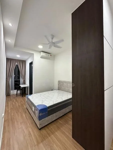 Bedroom features: queen-size bed, upholstered headboard, wooden flooring, 5-blade ceiling fan, wall-mounted split AC, curtains, study desk, chair, built-in wardrobe, recessed lighting; style: modern; view: city.