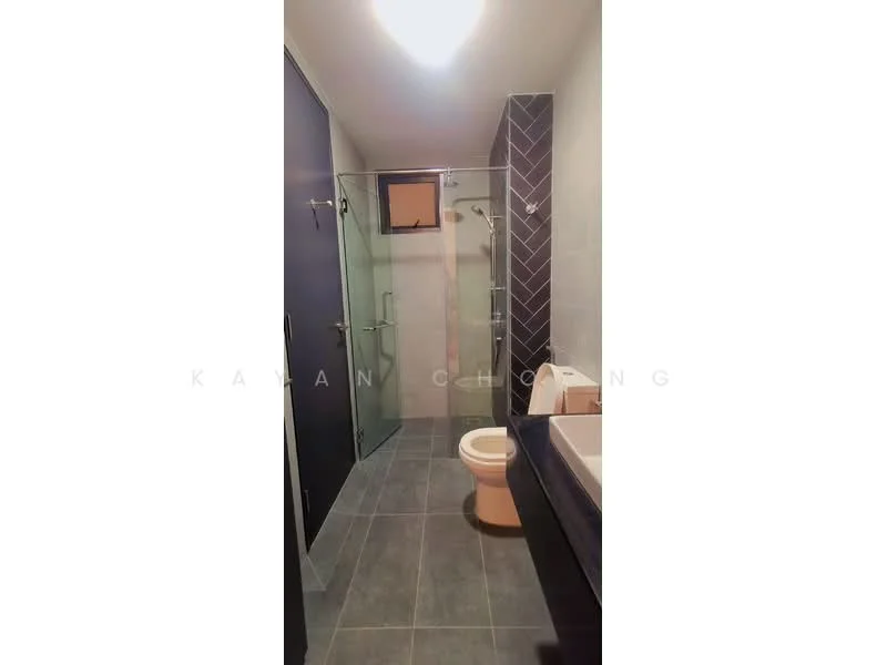 Bathroom features: glass shower enclosure, rain shower head, handheld shower, white toilet, single-sink vanity with dark cabinet, mirror above vanity, grey tile flooring, herringbone tile accent wall, recessed lighting, towel rack; style: modern.
