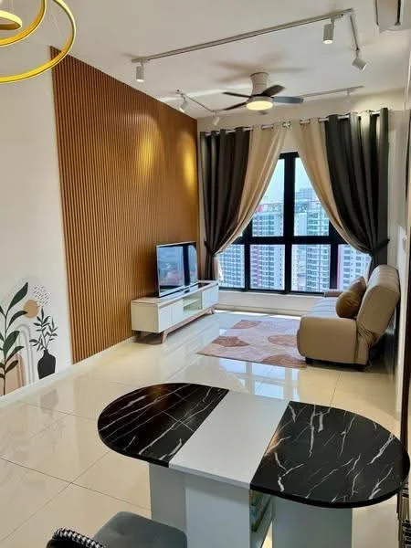 Living features: light wood accent wall, white painted walls, glossy tile flooring, 5-blade ceiling fan, floor-to-ceiling windows, black and white curtains, TV console, wall-mounted TV, beige fabric sofa, area rug with geometric pattern, decorative wall art, coffee table with black marble top; style: modern; view: city.