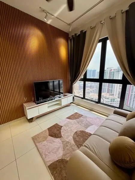 Living features: 3-seater fabric sofa in beige, wall-mounted TV, white TV console, area rug with geometric pattern, wood panel accent wall, floor-to-ceiling windows, sheer curtains, blackout curtains, recessed downlights, ceiling fan; style: modern; view: city.
