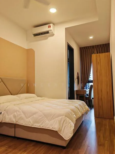 Bedroom features: queen-size bed with upholstered headboard, white bedding, wooden flooring, 1 wall-mounted split AC, floor-to-ceiling window, curtains, study desk, wooden chair, decorative wall panel in beige, light fixture in ceiling; style: modern; view: city.