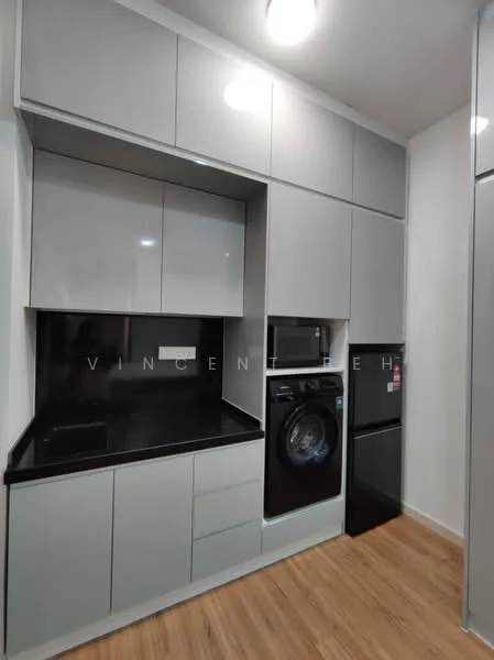 Kitchen features: grey flat-panel cabinetry, black countertop, built-in oven, microwave, front-load washing machine, stainless-steel fridge, single-basin stainless-steel sink, chrome pull-down faucet, wood laminate flooring, recessed ceiling lights; style: modern.