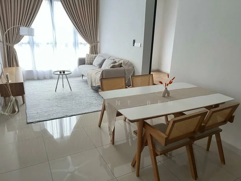 Living features: light grey fabric sofa, round coffee table, area rug with geometric pattern, floor-to-ceiling windows, sheer curtains, wooden flooring, wall-mounted light, decorative wall panel, TV console, decorative plants; style: modern. Dining features: 6-seater dining table, wooden dining chairs, table runner, decorative centerpiece, open shelving unit, wall-mounted light, neutral wall colour, tile flooring; style: modern.