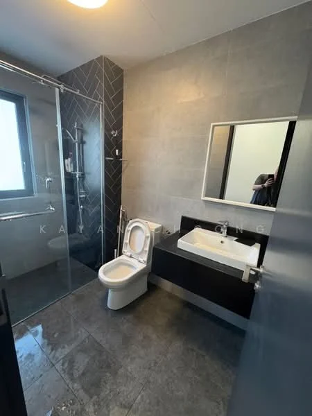 Bathroom features: grey tiled walls, black accent wall with herringbone pattern, glass shower enclosure, rain shower head, handheld shower, single-sink vanity with dark cabinet, framed mirror, one-piece toilet, grey tile flooring, window for natural light, chrome fixtures; style: modern.