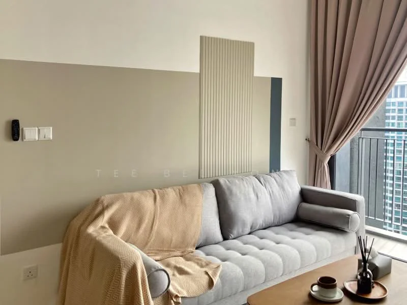 Living features: grey fabric sofa, beige throw blanket on sofa, wooden coffee table, curtains in light brown, wall with two-tone paint, vertical wall paneling, floor-to-ceiling window, balcony door; style: modern; view: city.