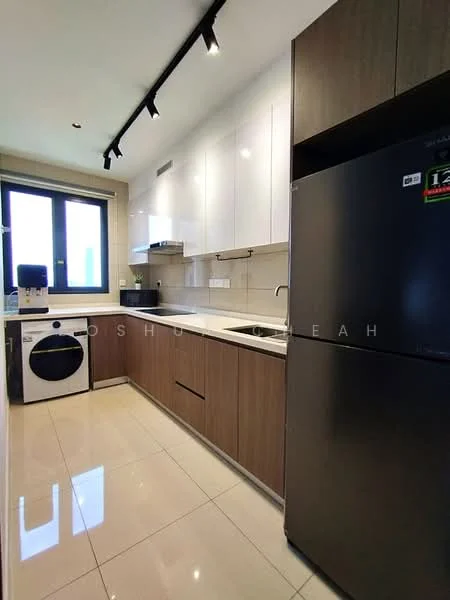 Kitchen features: white upper cabinets, brown lower cabinets, black refrigerator, front-load washing machine, stainless-steel sink, chrome pull-down faucet, ceramic tile backsplash, white countertop, recessed downlights, sliding window, polished tile flooring, open shelving; style: modern.