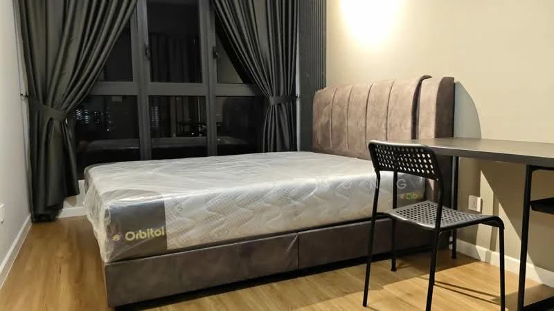 Bedroom features: queen-size bed, upholstered headboard in grey, wooden flooring, floor-to-ceiling windows, blackout curtains, study desk, metal chair, decorative wall, city view; style: modern; view: city.