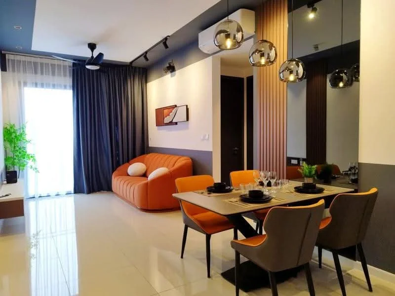 Living features: 3-seater fabric sofa in orange, dining table for 4 with grey chairs, pendant lighting with glass globes, floor-to-ceiling windows with sheer curtains, grey accent wall, wood paneling, recessed downlights, decorative wall mirror, indoor plant in ceramic pot, white tiled flooring, air conditioning unit on ceiling; style: modern; view: city.