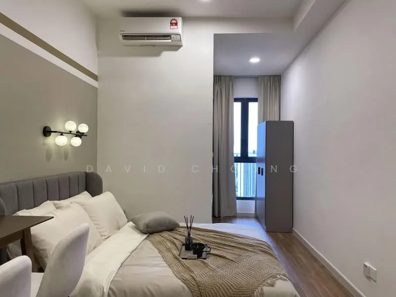 Bedroom features: queen-size bed with upholstered headboard, white bedding, wooden bedside table, 2 bedside lamps, 1 wall-mounted light fixture, floor-to-ceiling window, curtains, air conditioning unit, wooden flooring, grey accent wall, built-in wardrobe; style: modern; view: city.