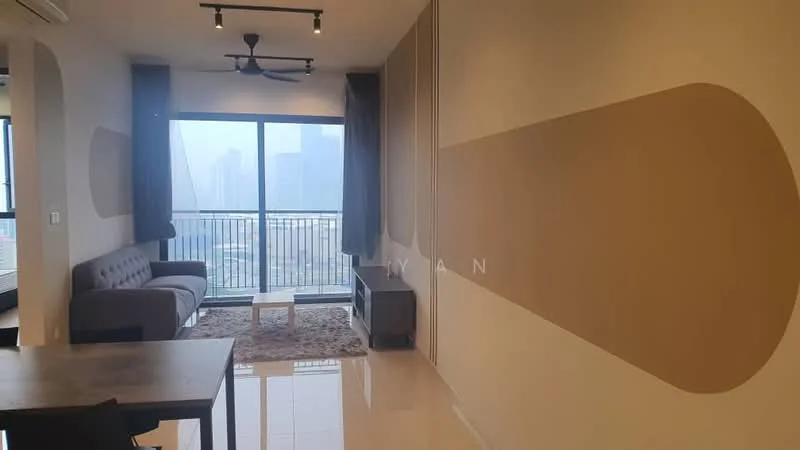 Living features: 3-seater fabric sofa in grey, coffee table, TV console, floor-to-ceiling windows, city view, recessed downlights, ceiling fan, cream painted walls, light-coloured flooring, area rug; style: modern; view: city.