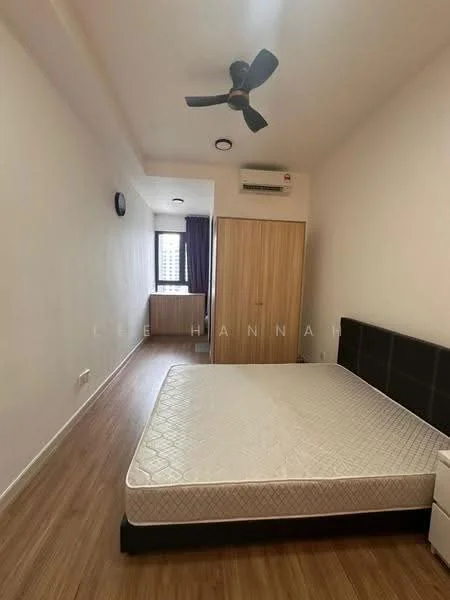 Bedroom features: wooden flooring, white painted walls, 5-blade ceiling fan, wall-mounted split AC, window with curtain, built-in wardrobe, queen-size bed frame, nightstand; style: modern.