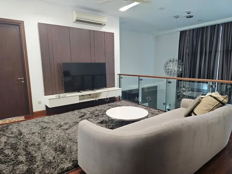 Living features: 3-seater fabric sofa in light grey, coffee table, area rug with geometric pattern, wall-mounted TV, TV console, floor-to-ceiling windows with sheer curtains, wooden flooring, ceiling fan, recessed downlights, wood panel accent wall; style: modern.