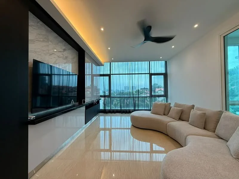 Living features: curved sectional sofa in light grey, large flat-screen TV mounted on wall, marble feature wall, recessed LED downlights, 5-blade ceiling fan, floor-to-ceiling windows with sheer curtains, polished stone flooring, open layout, city view; style: modern; view: city.