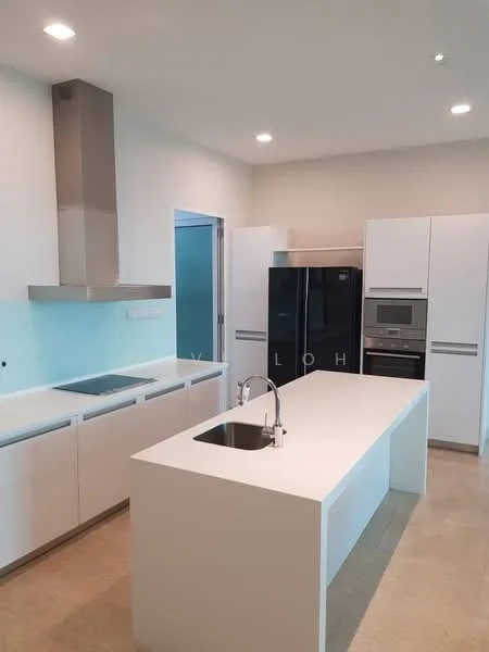 Kitchen features: white cabinetry, island countertop, stainless-steel sink, chrome pull-down faucet, built-in oven, stainless-steel refrigerator, stainless-steel range hood, ceramic tile flooring, recessed LED downlights, wall-mounted cabinets, open shelving, neutral wall color, modern design; style: modern.